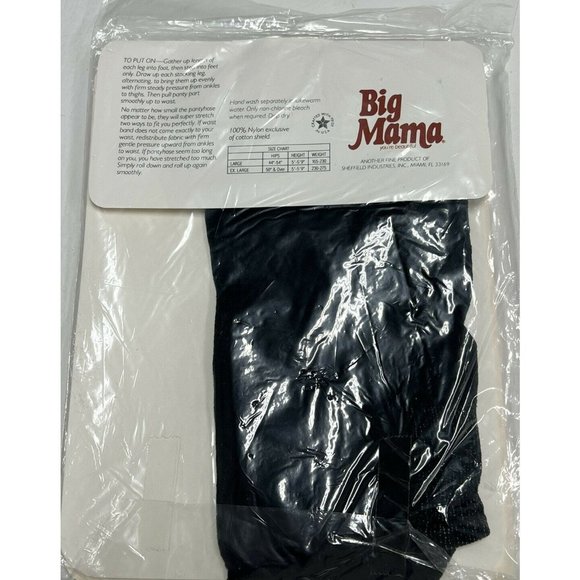 Vtg Big Mama Pantyhose Black Large Cotton Shield Hosiery NOS 5'-5'9" 165-230 lbs - Picture 2 of 2
